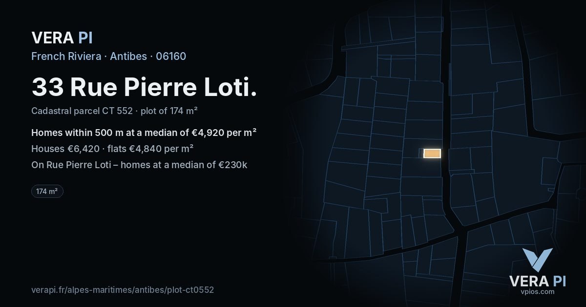 33 Rue Pierre Loti, Antibes at night – the plot lit, the parcels around coloured by the prices near them
