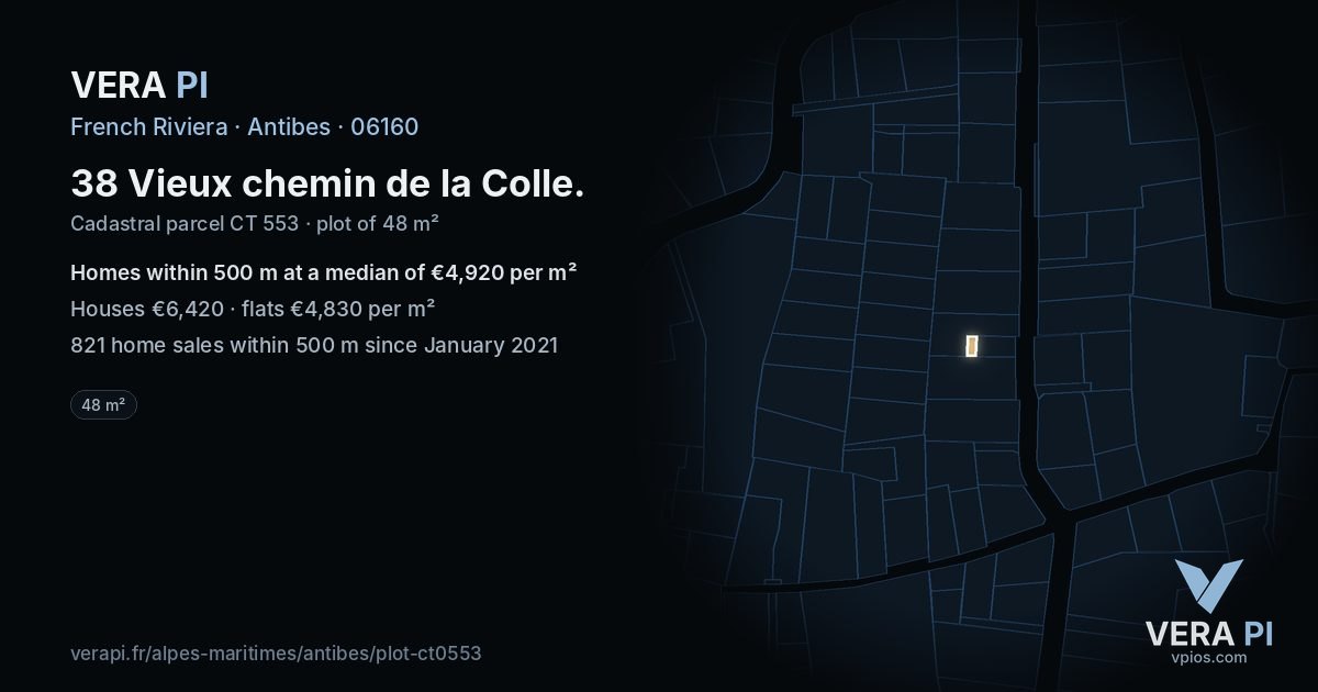 38 Vieux chemin de la Colle, Antibes at night – the plot lit, the parcels around coloured by the prices near them
