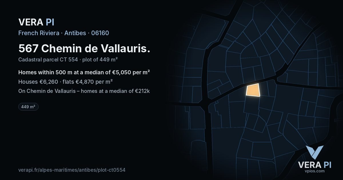 567 Chemin de Vallauris, Antibes at night – the plot lit, the parcels around coloured by the prices near them