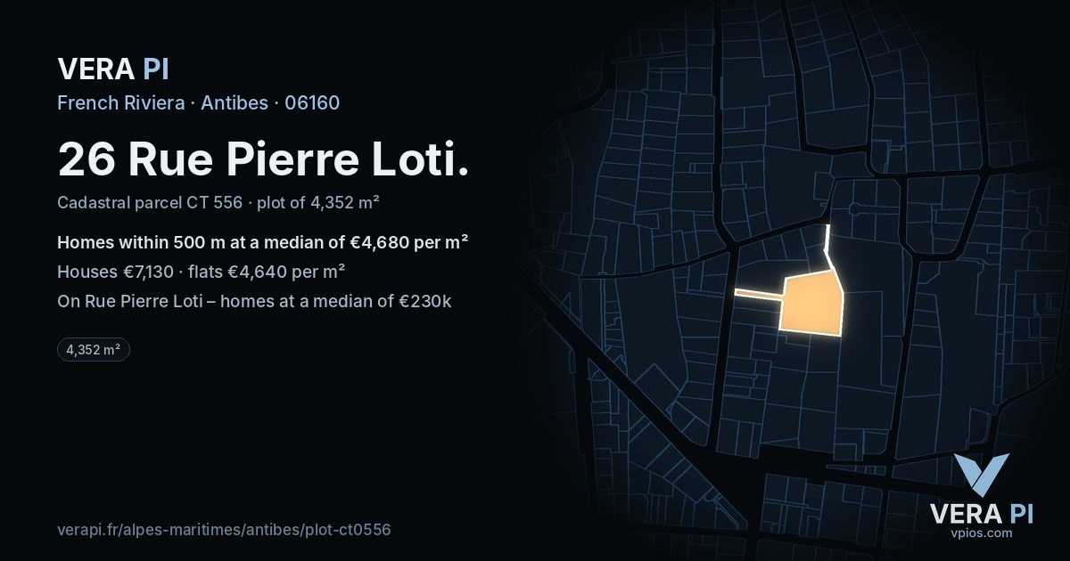 26 Rue Pierre Loti, Antibes at night – the plot lit, the parcels around coloured by the prices near them