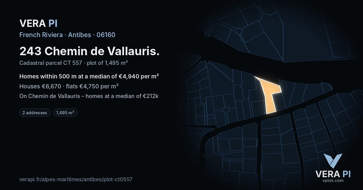 243 Chemin de Vallauris, Antibes at night – the plot lit, the parcels around coloured by the prices near them
