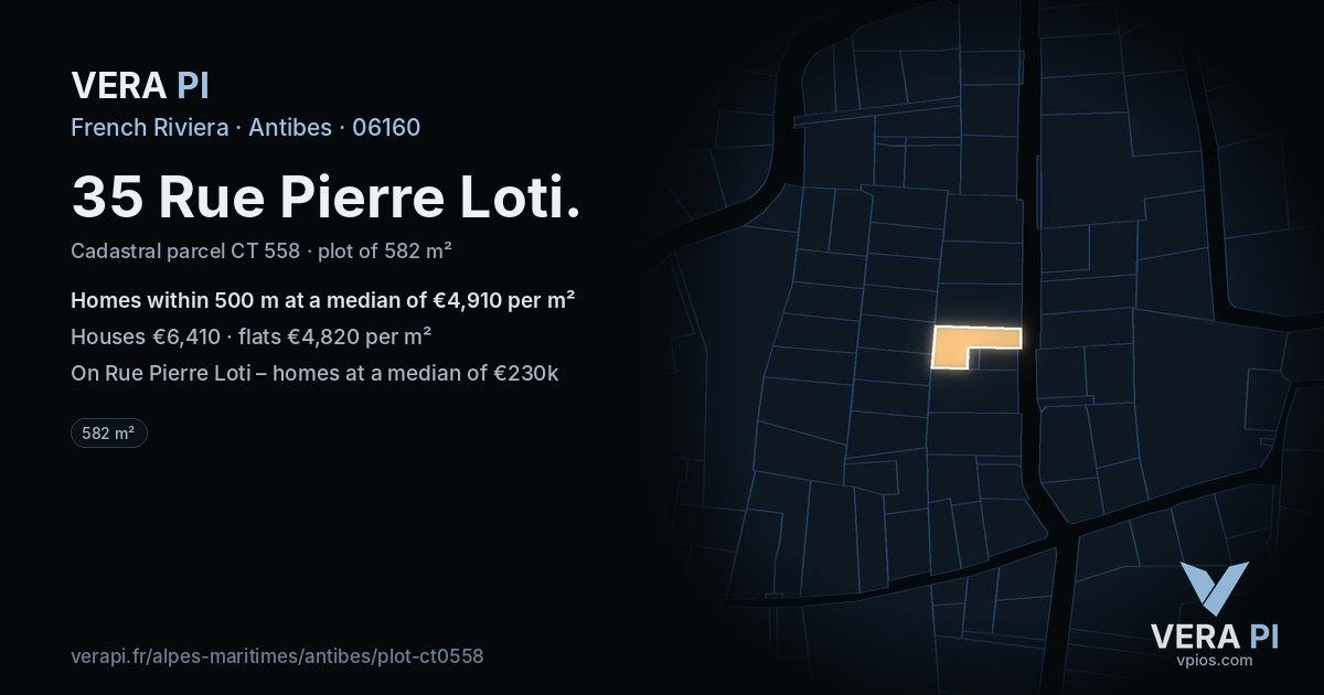 35 Rue Pierre Loti, Antibes at night – the plot lit, the parcels around coloured by the prices near them