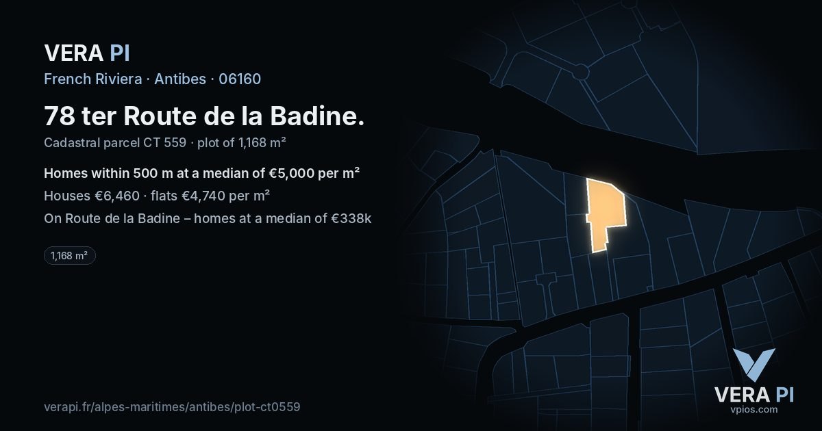 78 ter Route de la Badine, Antibes at night – the plot lit, the parcels around coloured by the prices near them