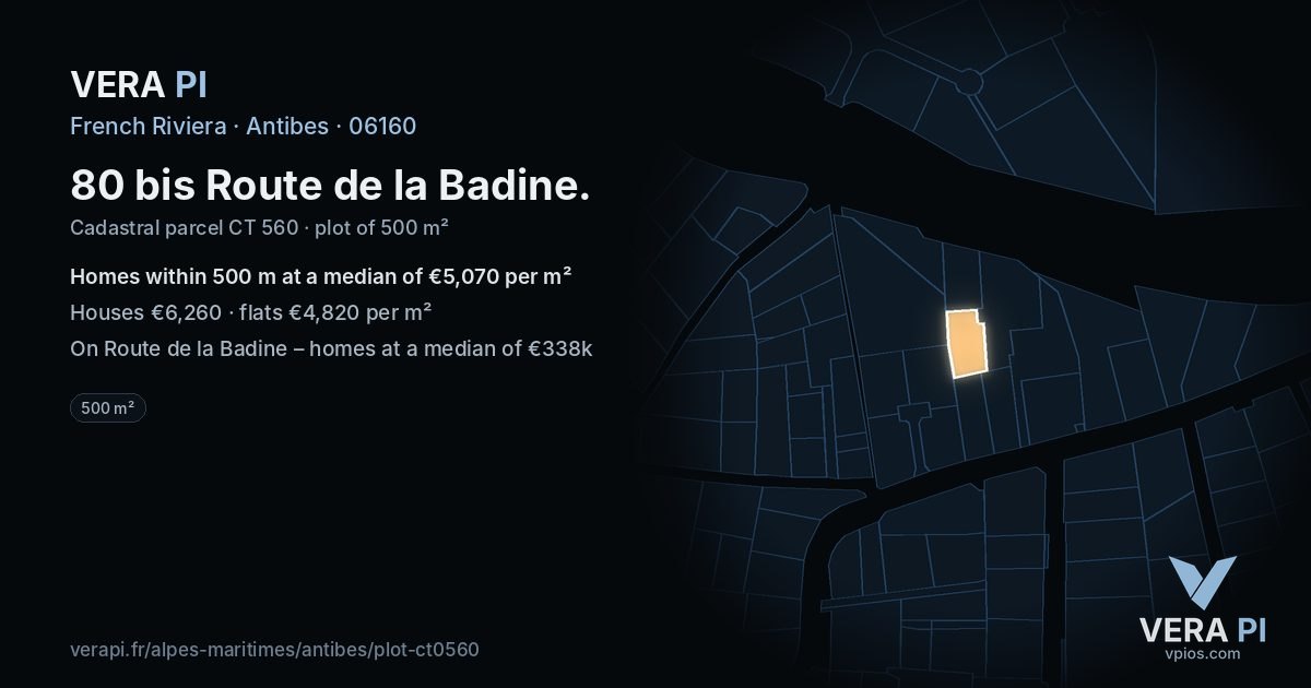 80 bis Route de la Badine, Antibes at night – the plot lit, the parcels around coloured by the prices near them