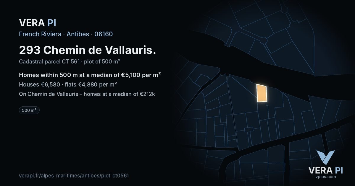 293 Chemin de Vallauris, Antibes at night – the plot lit, the parcels around coloured by the prices near them