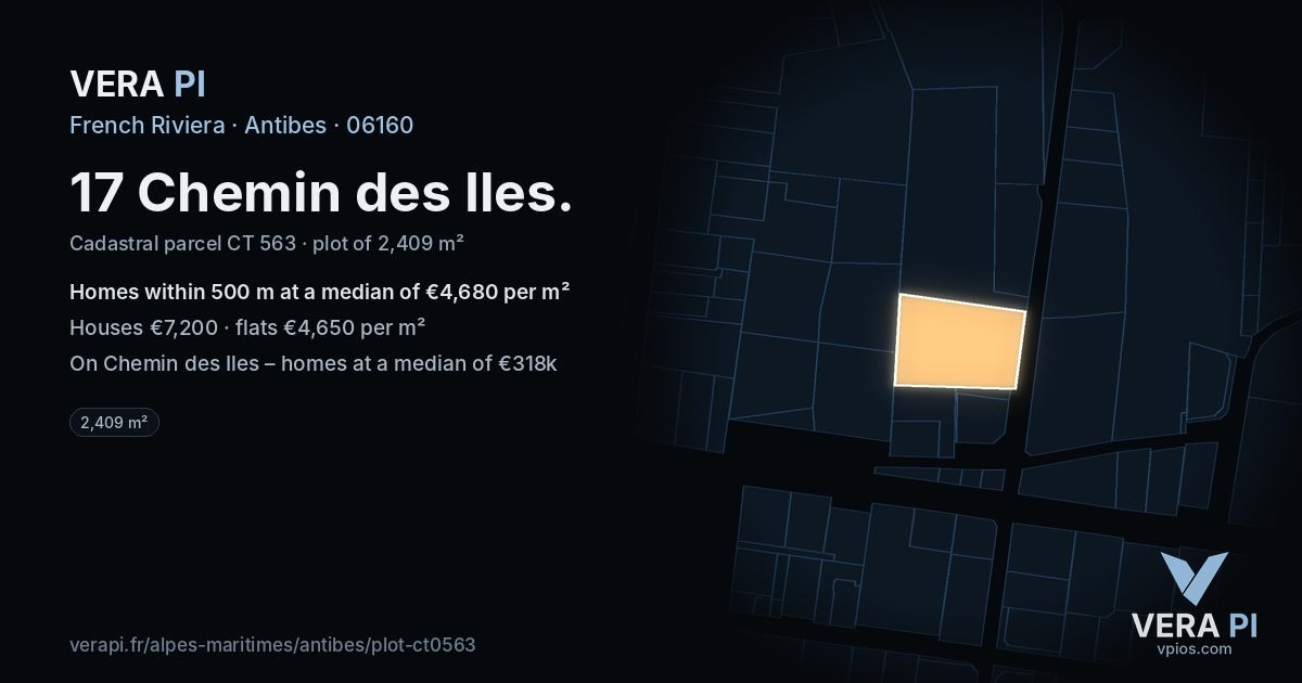 17 Chemin des Iles, Antibes at night – the plot lit, the parcels around coloured by the prices near them