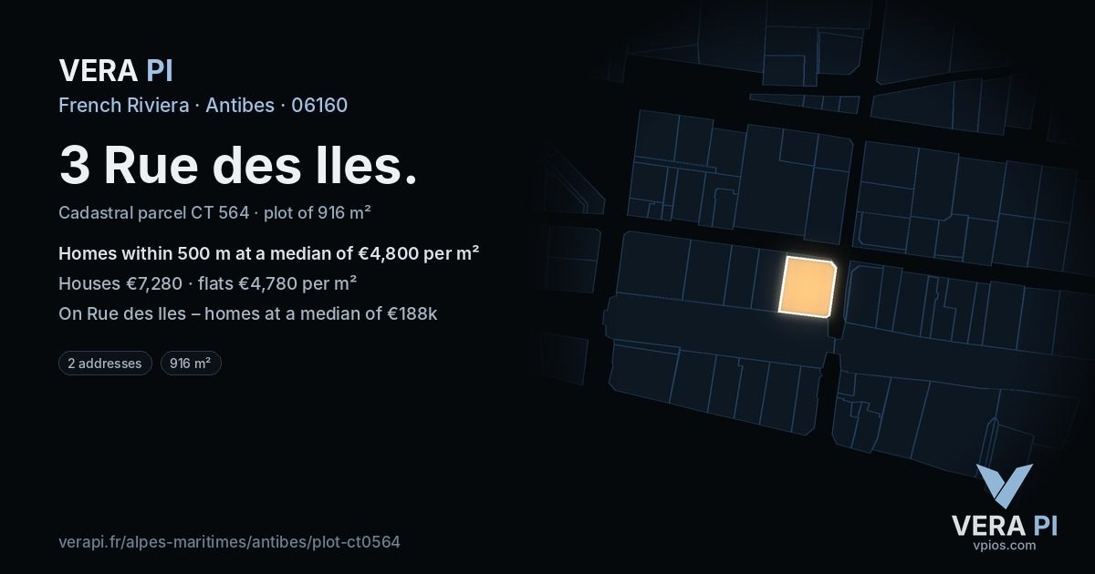 3 Rue des Iles, Antibes at night – the plot lit, the parcels around coloured by the prices near them