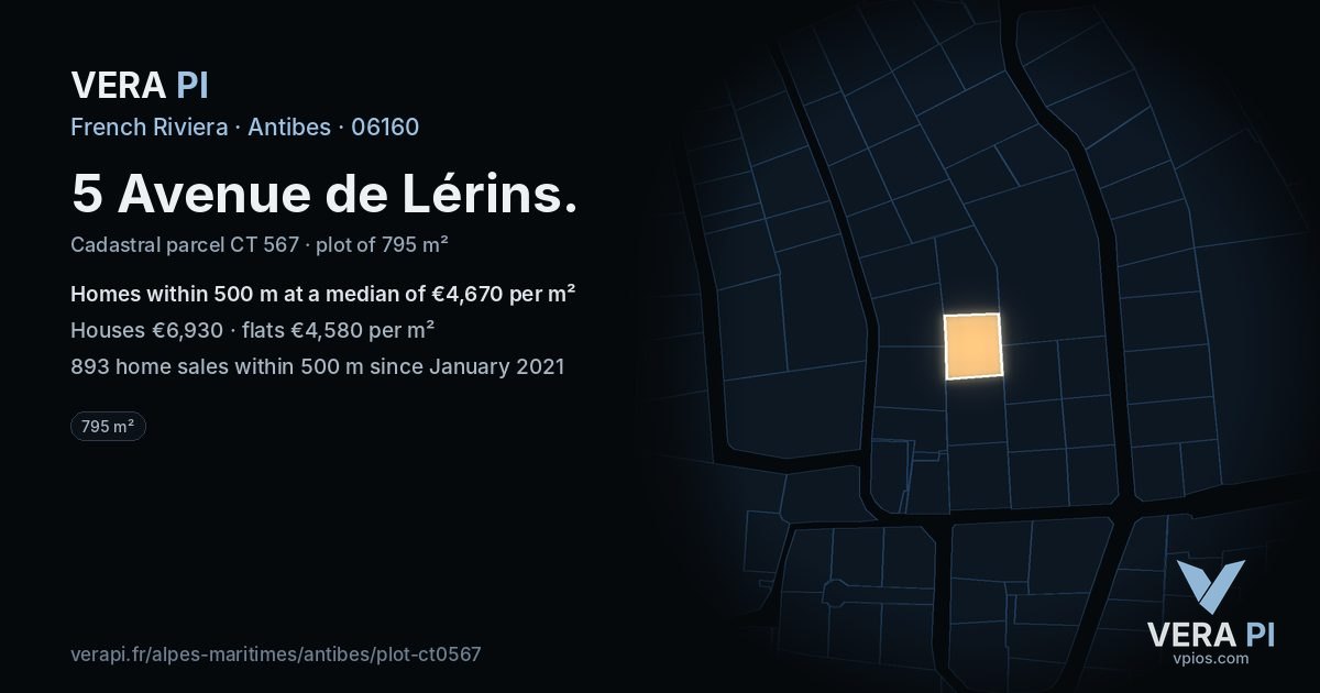 5 Avenue de Lérins, Antibes at night – the plot lit, the parcels around coloured by the prices near them