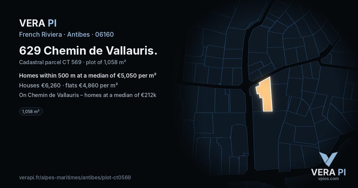 629 Chemin de Vallauris, Antibes at night – the plot lit, the parcels around coloured by the prices near them