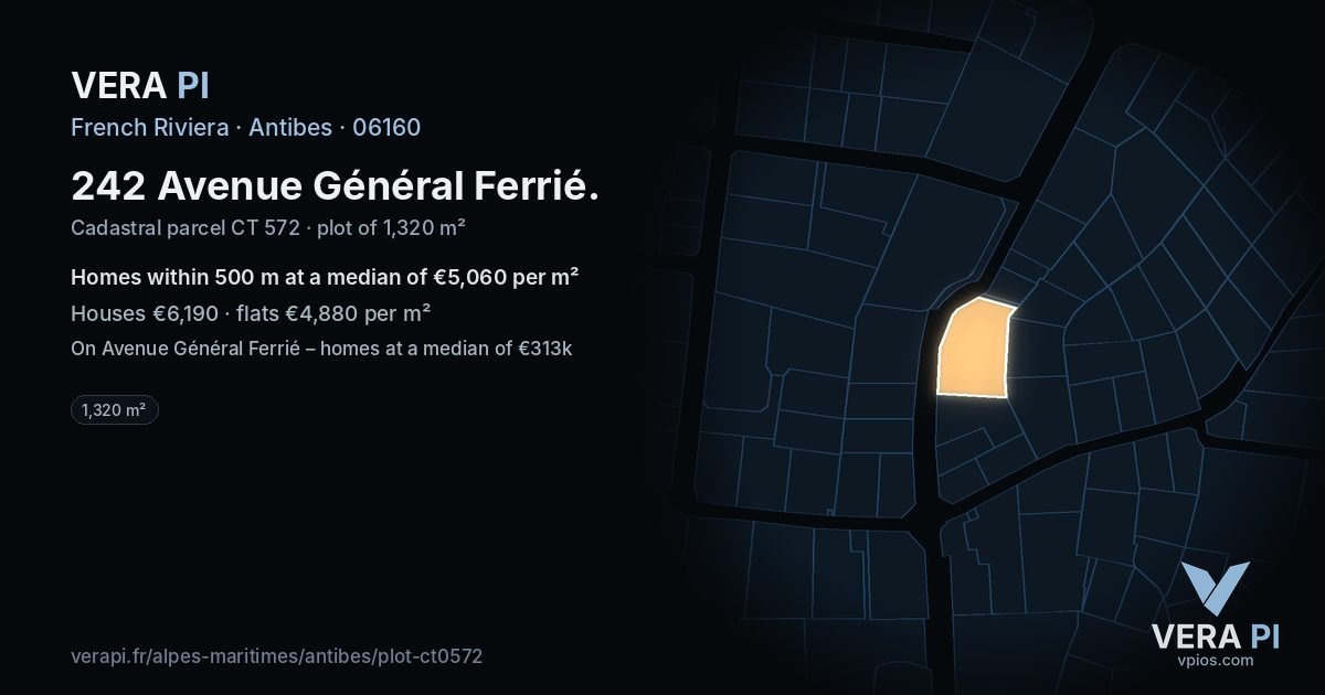 242 Avenue Général Ferrié, Antibes at night – the plot lit, the parcels around coloured by the prices near them
