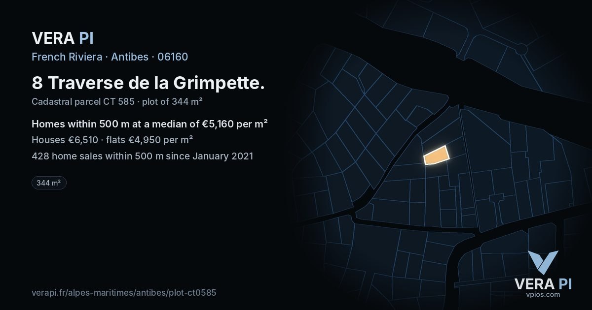 8 Traverse de la Grimpette, Antibes at night – the plot lit, the parcels around coloured by the prices near them