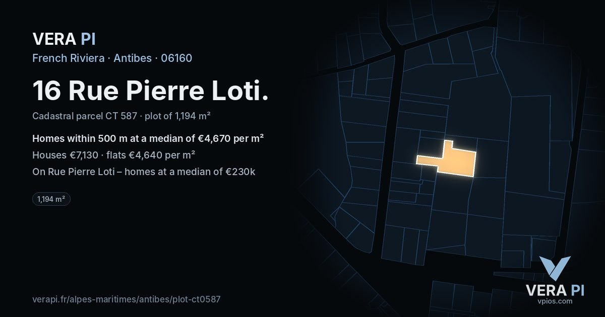 16 Rue Pierre Loti, Antibes at night – the plot lit, the parcels around coloured by the prices near them