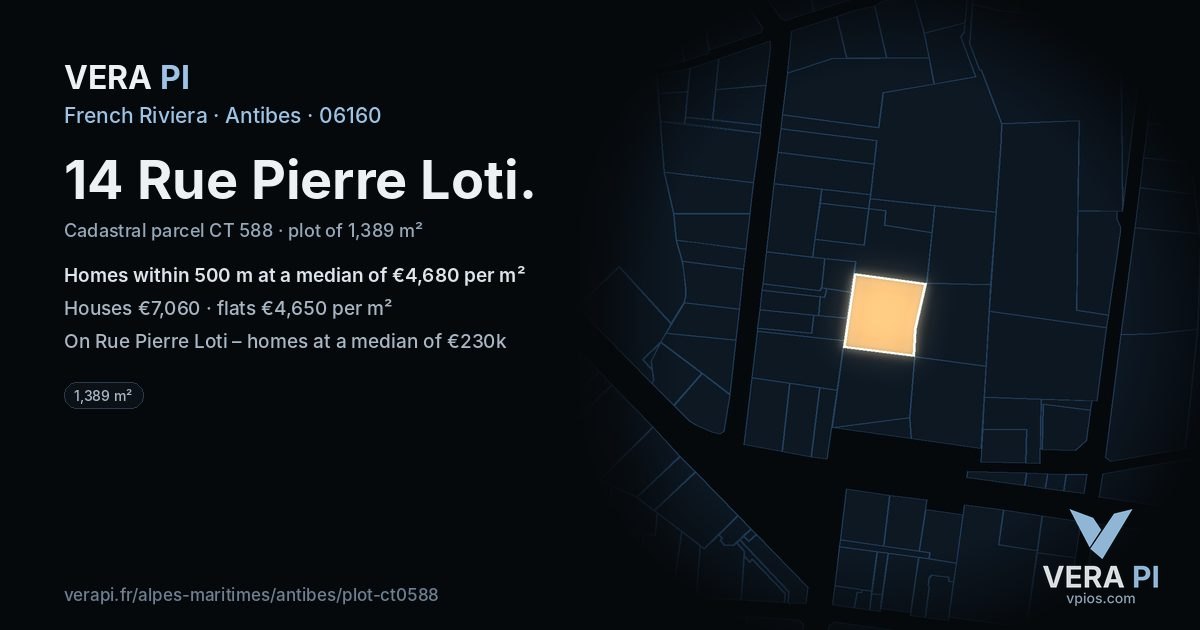 14 Rue Pierre Loti, Antibes at night – the plot lit, the parcels around coloured by the prices near them