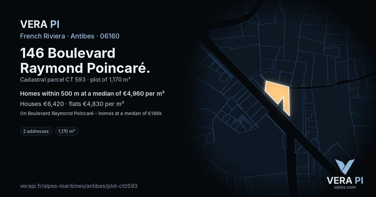 146 Boulevard Raymond Poincaré, Antibes at night – the plot lit, the parcels around coloured by the prices near them