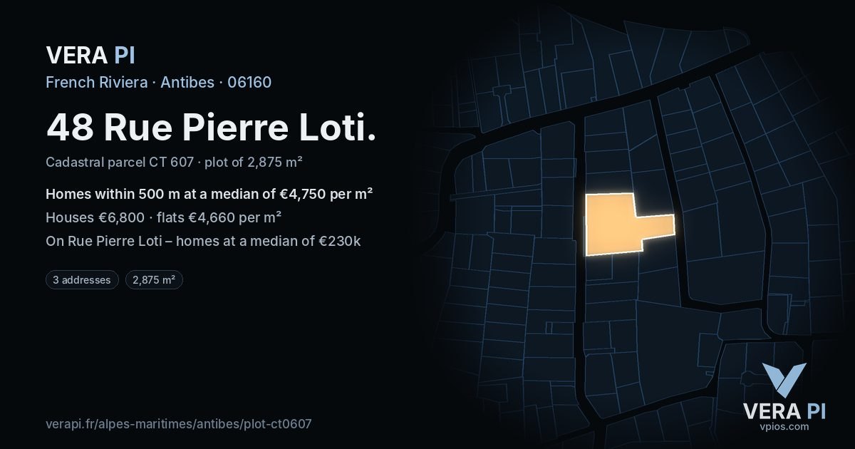 48 Rue Pierre Loti, Antibes at night – the plot lit, the parcels around coloured by the prices near them