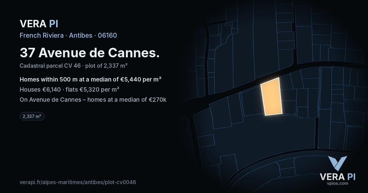 37 Avenue de Cannes, Antibes at night – the plot lit, the parcels around coloured by the prices near them