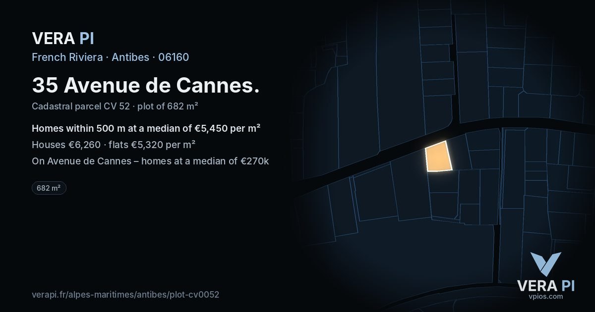 35 Avenue de Cannes, Antibes at night – the plot lit, the parcels around coloured by the prices near them