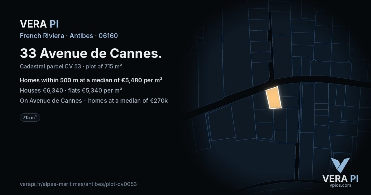 33 Avenue de Cannes, Antibes at night – the plot lit, the parcels around coloured by the prices near them