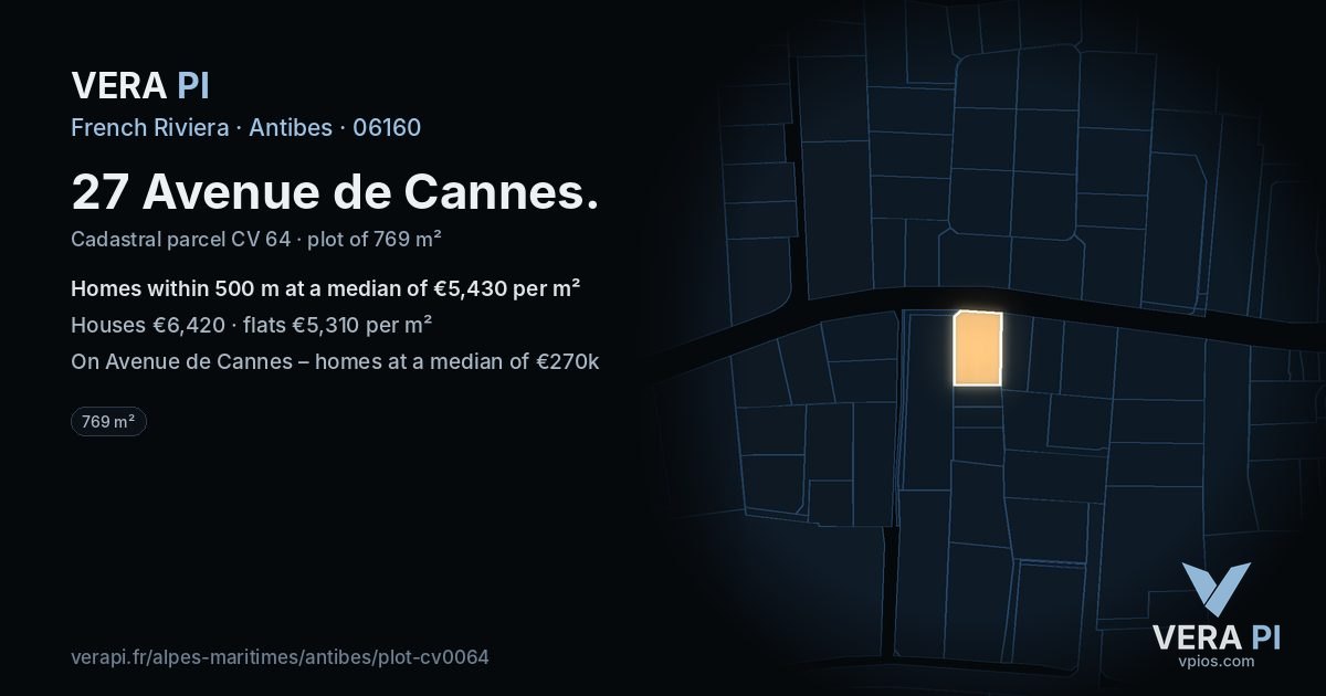 27 Avenue de Cannes, Antibes at night – the plot lit, the parcels around coloured by the prices near them