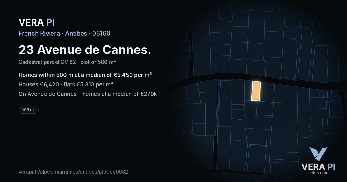 23 Avenue de Cannes, Antibes at night – the plot lit, the parcels around coloured by the prices near them