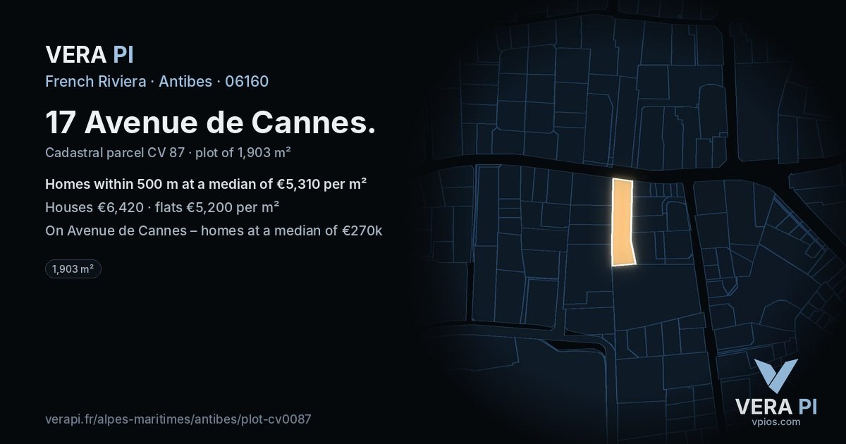 17 Avenue de Cannes, Antibes at night – the plot lit, the parcels around coloured by the prices near them