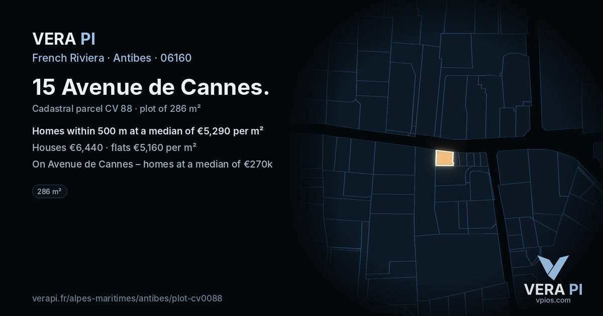 15 Avenue de Cannes, Antibes at night – the plot lit, the parcels around coloured by the prices near them