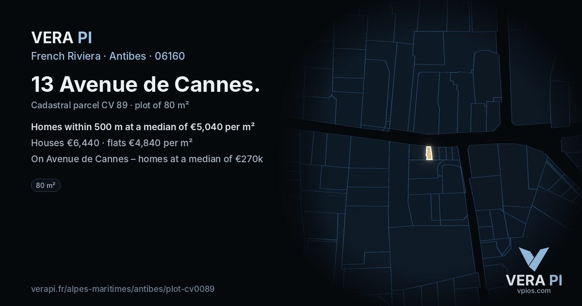 13 Avenue de Cannes, Antibes at night – the plot lit, the parcels around coloured by the prices near them