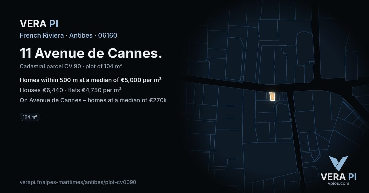 11 Avenue de Cannes, Antibes at night – the plot lit, the parcels around coloured by the prices near them