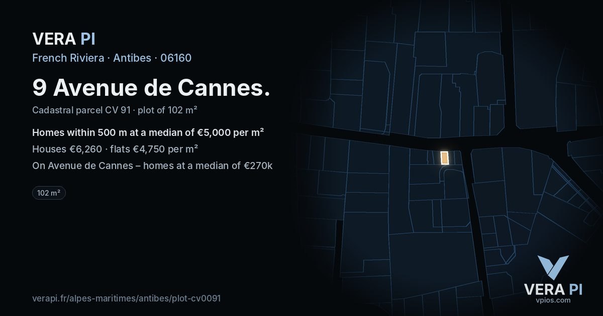 9 Avenue de Cannes, Antibes at night – the plot lit, the parcels around coloured by the prices near them