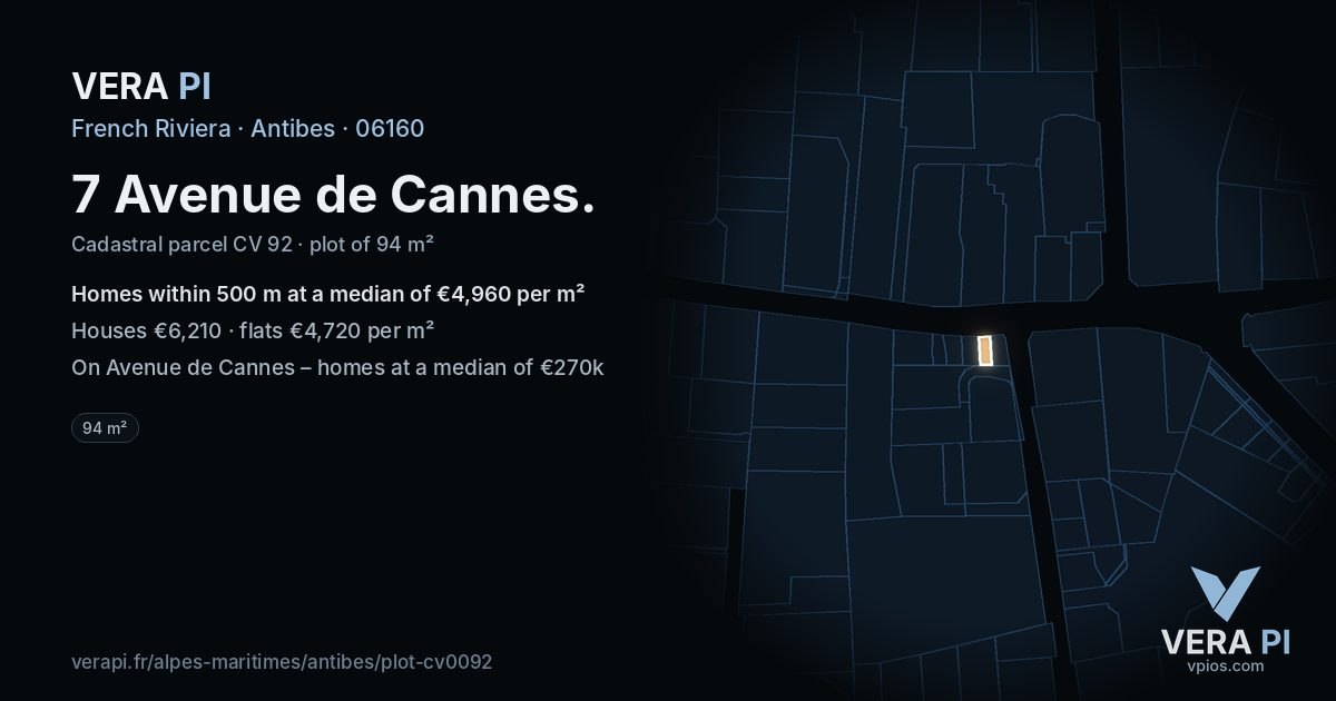 7 Avenue de Cannes, Antibes at night – the plot lit, the parcels around coloured by the prices near them