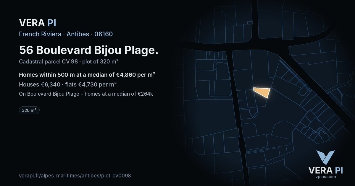 56 Boulevard Bijou Plage, Antibes at night – the plot lit, the parcels around coloured by the prices near them