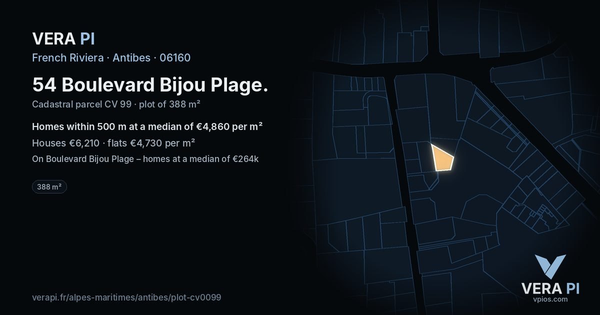 54 Boulevard Bijou Plage, Antibes at night – the plot lit, the parcels around coloured by the prices near them