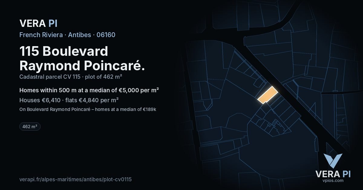115 Boulevard Raymond Poincaré, Antibes at night – the plot lit, the parcels around coloured by the prices near them