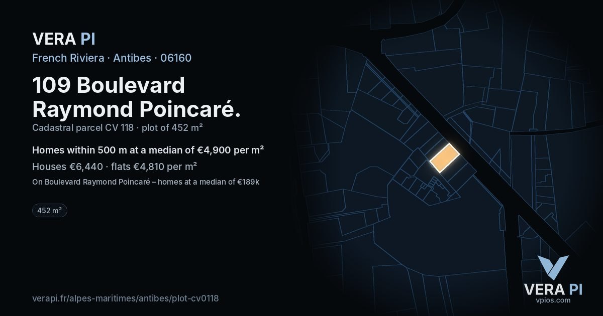 109 Boulevard Raymond Poincaré, Antibes at night – the plot lit, the parcels around coloured by the prices near them