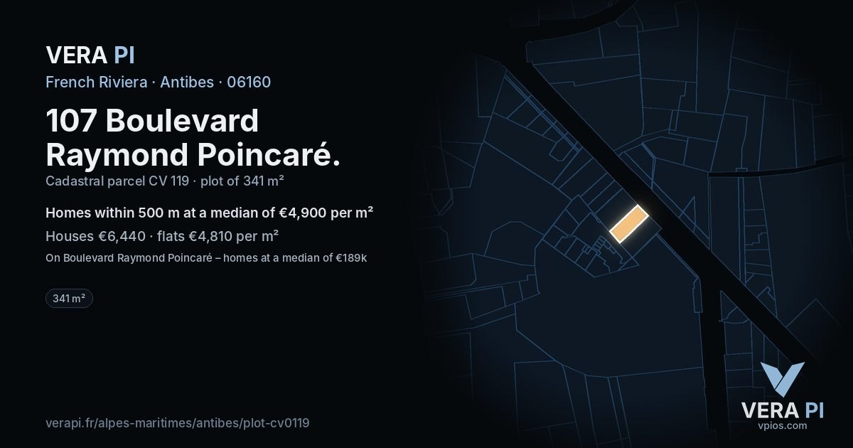 107 Boulevard Raymond Poincaré, Antibes at night – the plot lit, the parcels around coloured by the prices near them