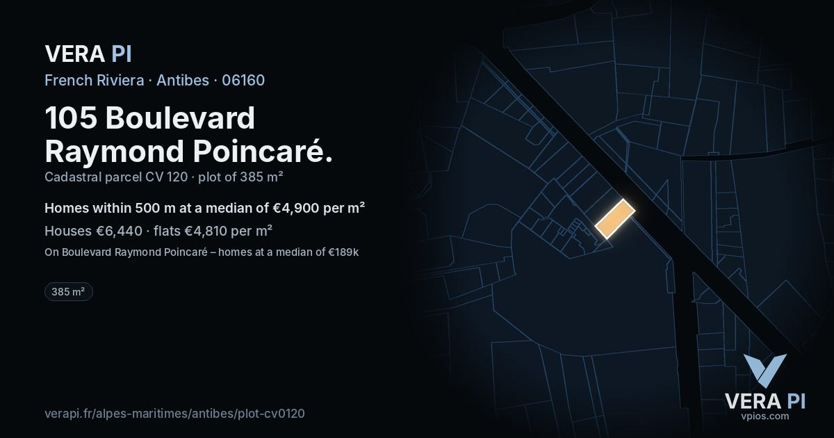 105 Boulevard Raymond Poincaré, Antibes at night – the plot lit, the parcels around coloured by the prices near them