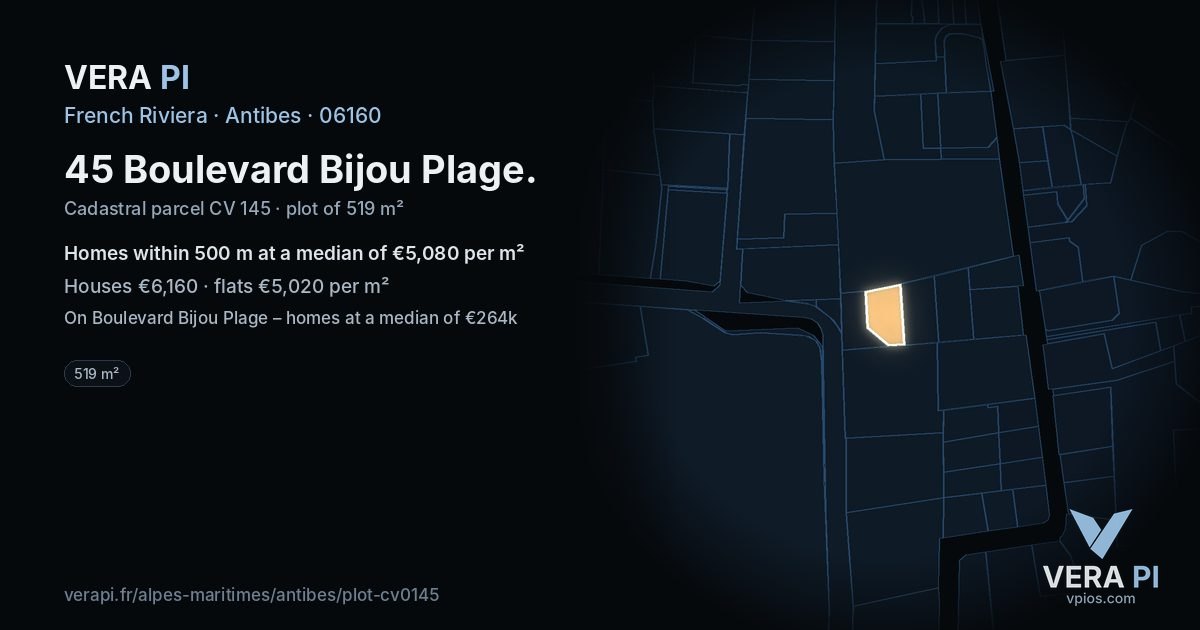 45 Boulevard Bijou Plage, Antibes at night – the plot lit, the parcels around coloured by the prices near them