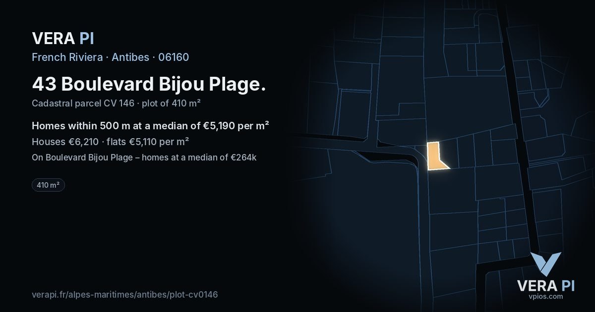 43 Boulevard Bijou Plage, Antibes at night – the plot lit, the parcels around coloured by the prices near them