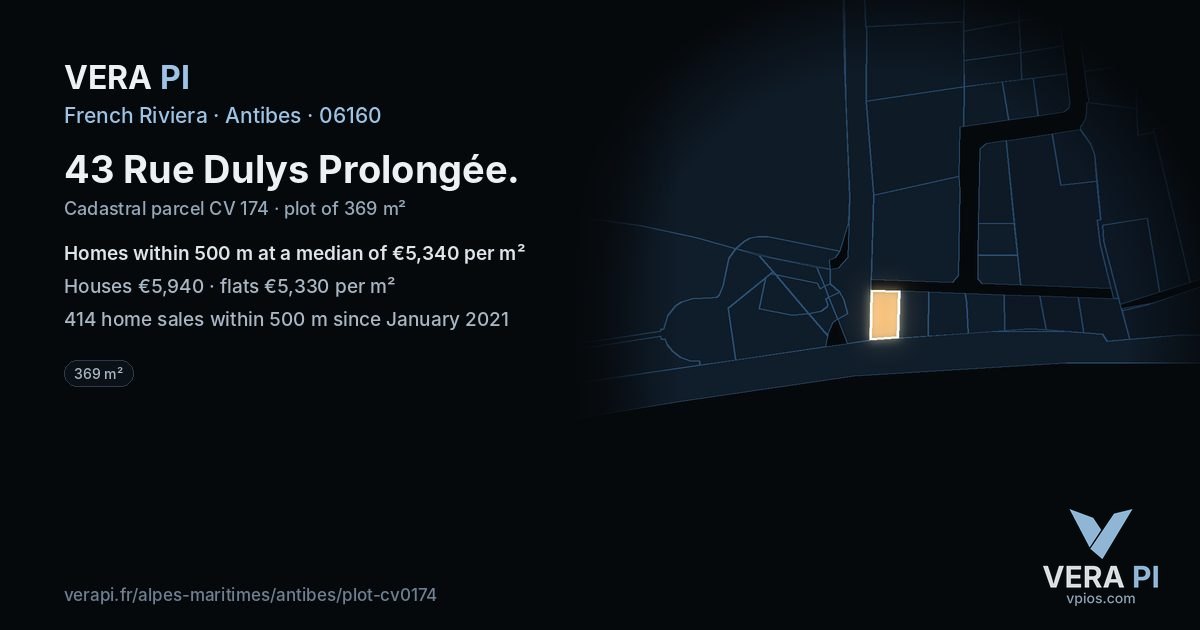 43 Rue Dulys Prolongée, Antibes at night – the plot lit, the parcels around coloured by the prices near them