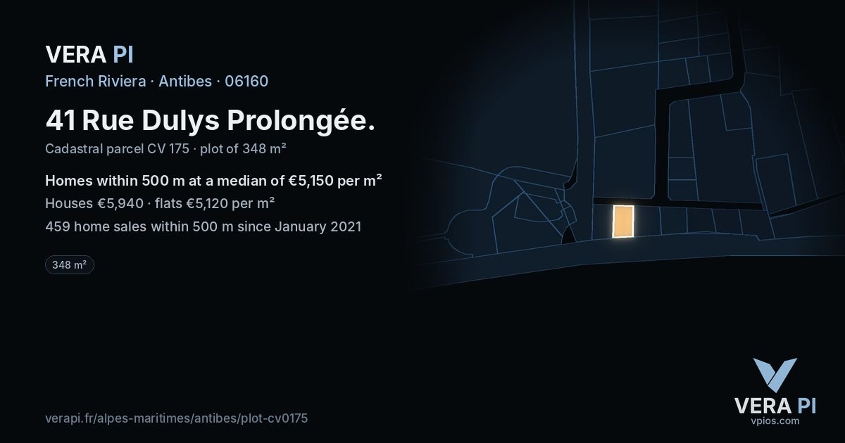 41 Rue Dulys Prolongée, Antibes at night – the plot lit, the parcels around coloured by the prices near them