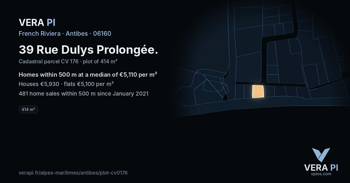 39 Rue Dulys Prolongée, Antibes at night – the plot lit, the parcels around coloured by the prices near them