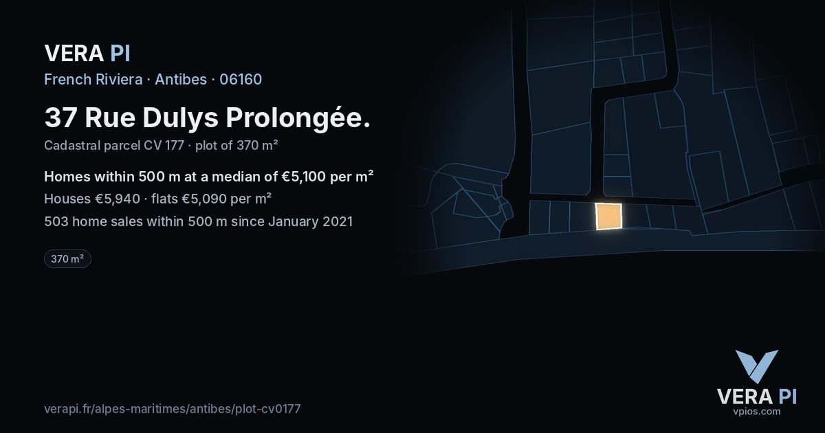 37 Rue Dulys Prolongée, Antibes at night – the plot lit, the parcels around coloured by the prices near them