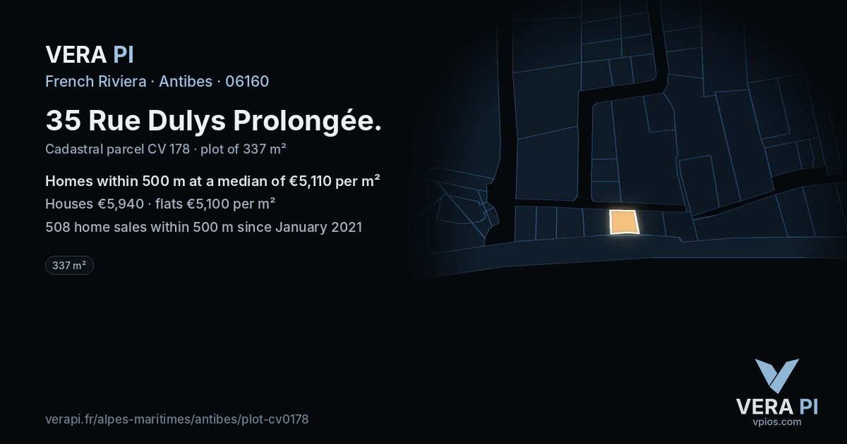 35 Rue Dulys Prolongée, Antibes at night – the plot lit, the parcels around coloured by the prices near them