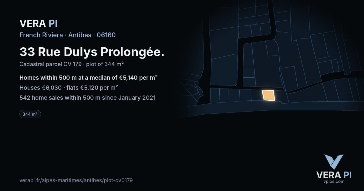 33 Rue Dulys Prolongée, Antibes at night – the plot lit, the parcels around coloured by the prices near them