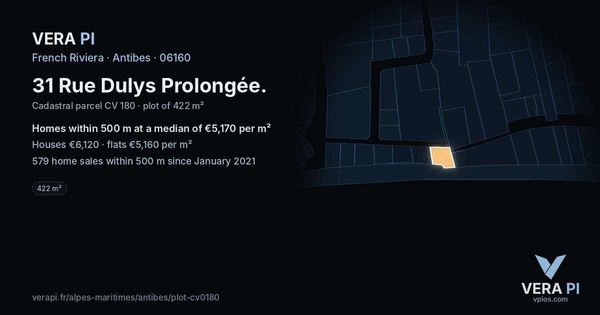 31 Rue Dulys Prolongée, Antibes at night – the plot lit, the parcels around coloured by the prices near them