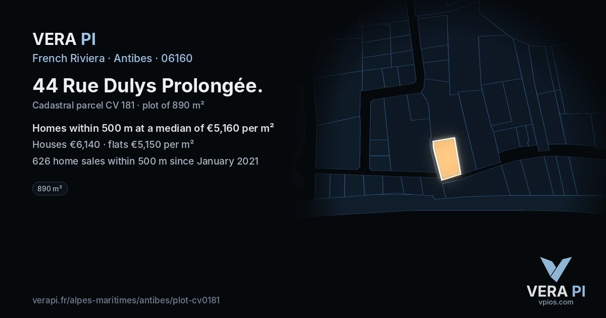44 Rue Dulys Prolongée, Antibes at night – the plot lit, the parcels around coloured by the prices near them