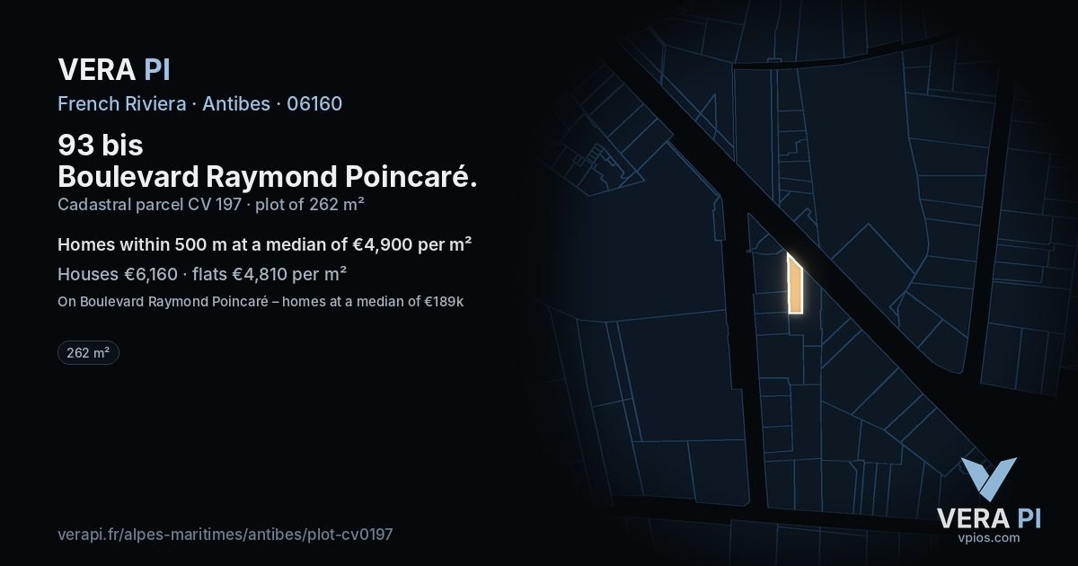 93 bis Boulevard Raymond Poincaré, Antibes at night – the plot lit, the parcels around coloured by the prices near them