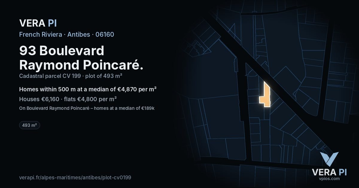 93 Boulevard Raymond Poincaré, Antibes at night – the plot lit, the parcels around coloured by the prices near them