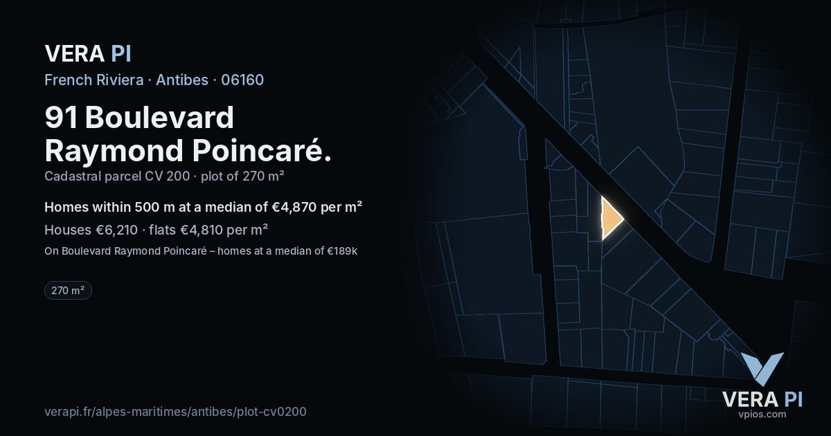 91 Boulevard Raymond Poincaré, Antibes at night – the plot lit, the parcels around coloured by the prices near them