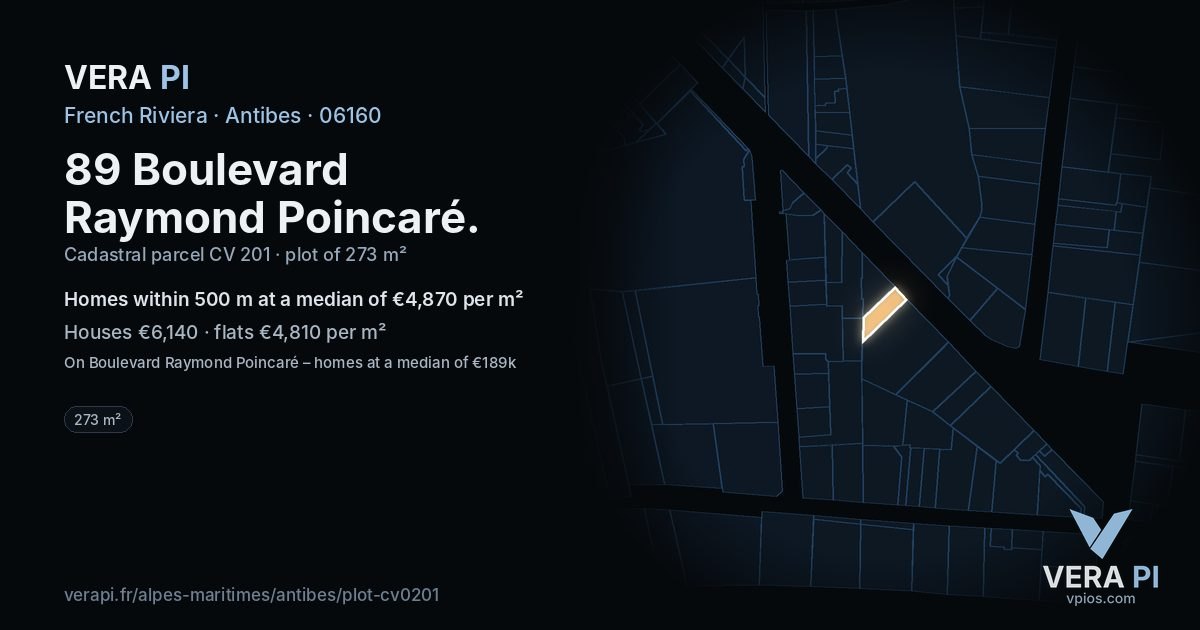 89 Boulevard Raymond Poincaré, Antibes at night – the plot lit, the parcels around coloured by the prices near them